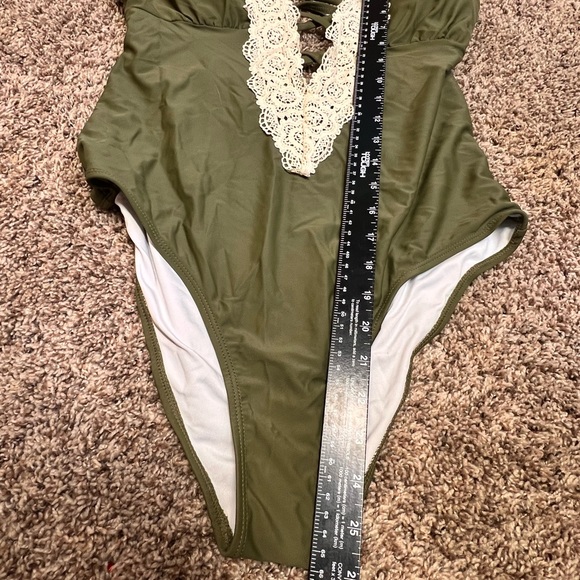 Cupshe Swimsuit One Piece Low Cut Adjustable Straps Lacey Accents Olive Green - Picture 8 of 11
